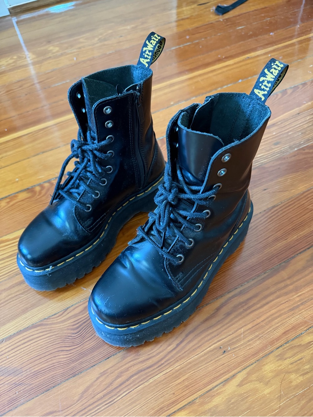 Dr. Martens Jadon Black Leather Lace-Up Platform Boots with Yellow Stitching